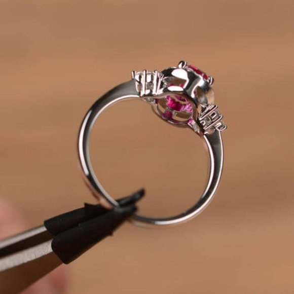 NEW Silver Ruby Diamond Halo Oval Cut Ring - Picture 4 of 4